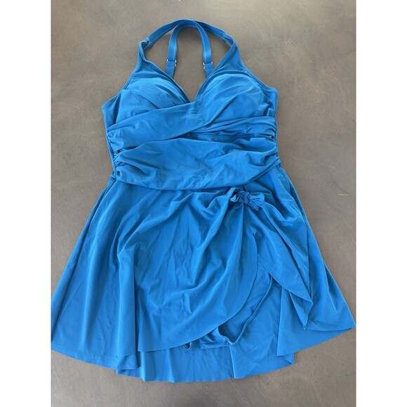 Women's Plus Size Swim Dress Tummy Control Swimsuit Blue size XXL Criss Cross - Picture 8 of 15